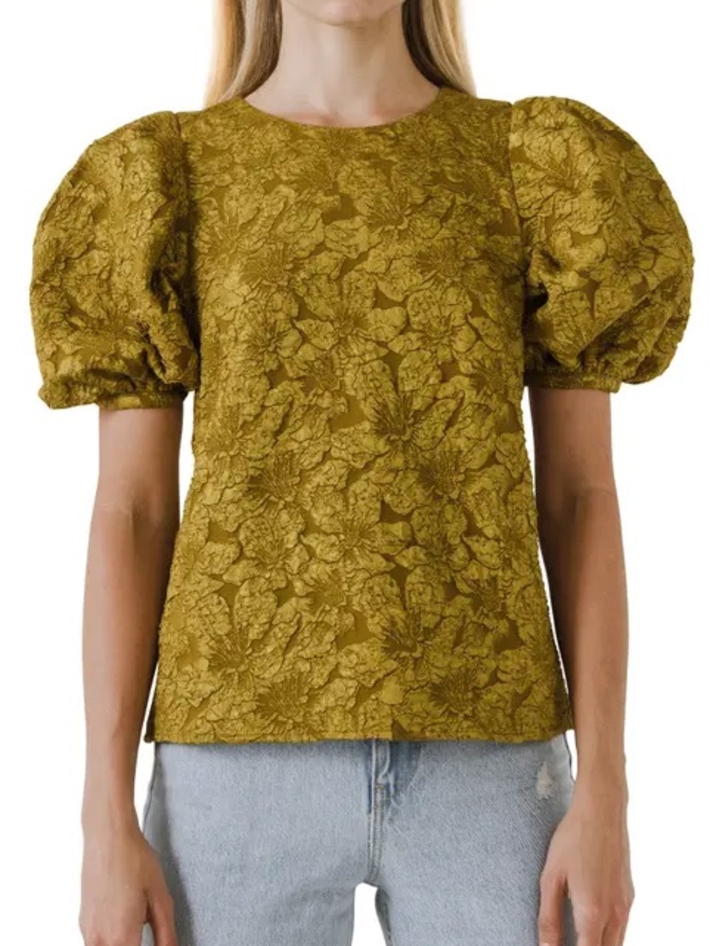 Endless Rose Textured Puff-Sleeve Top in Mustard Yellow